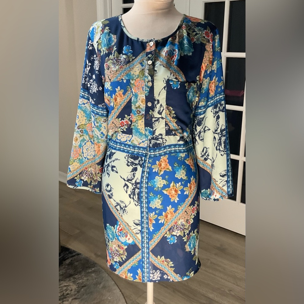 Westport 1962 Blue Floral Patchwork Button-Front Blouse - Size L